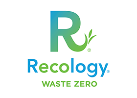 Logo and Link to Recology Waste Zero - Large R with ombre' from blue to green, Recology blue and green letters, Waste Zero Green letters - URL: www.recology.com