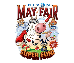 Dixon May Fair superhero cow and the words "Super Fun!"